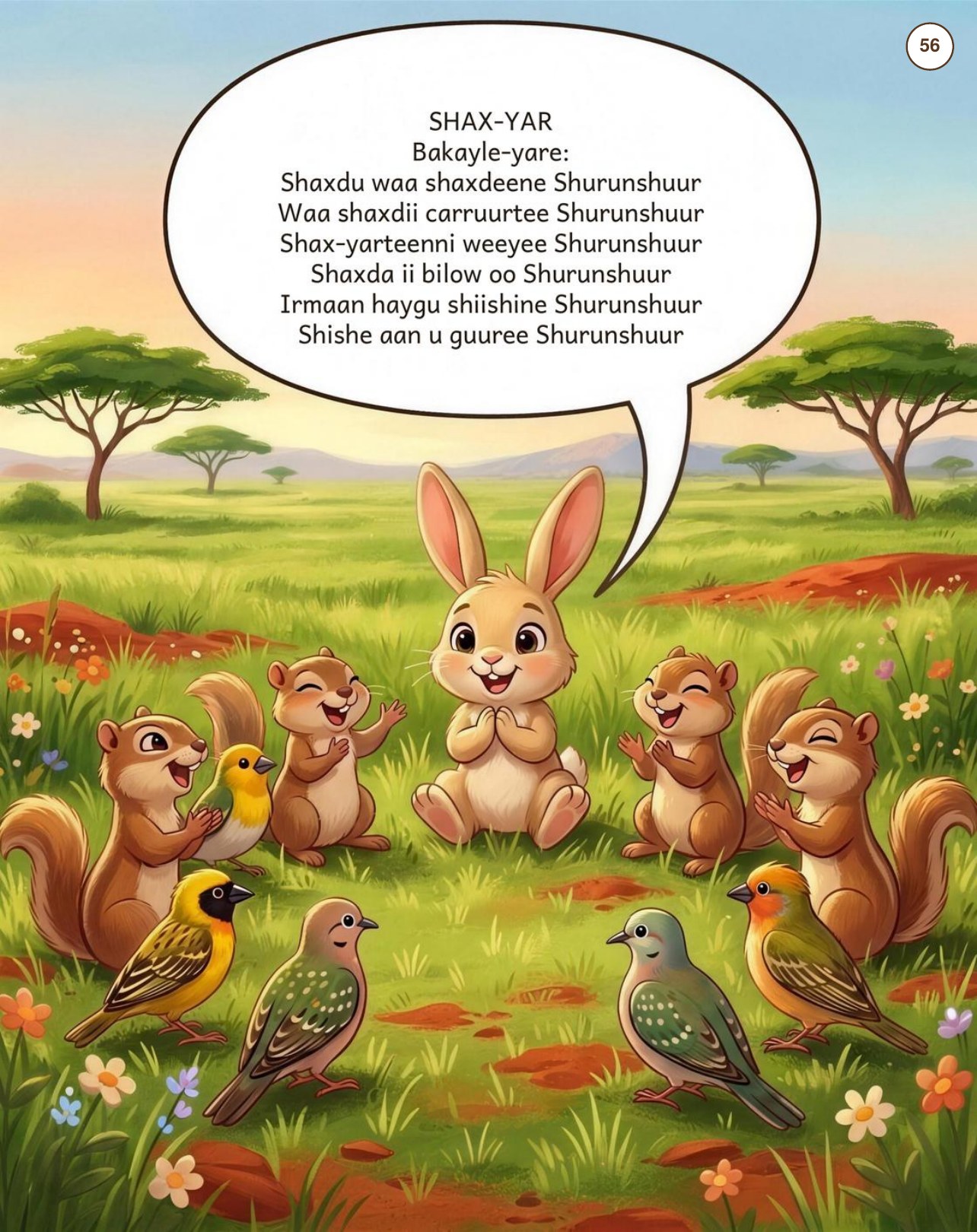 Storybook page: the little rabbit sings with squirrels and birds